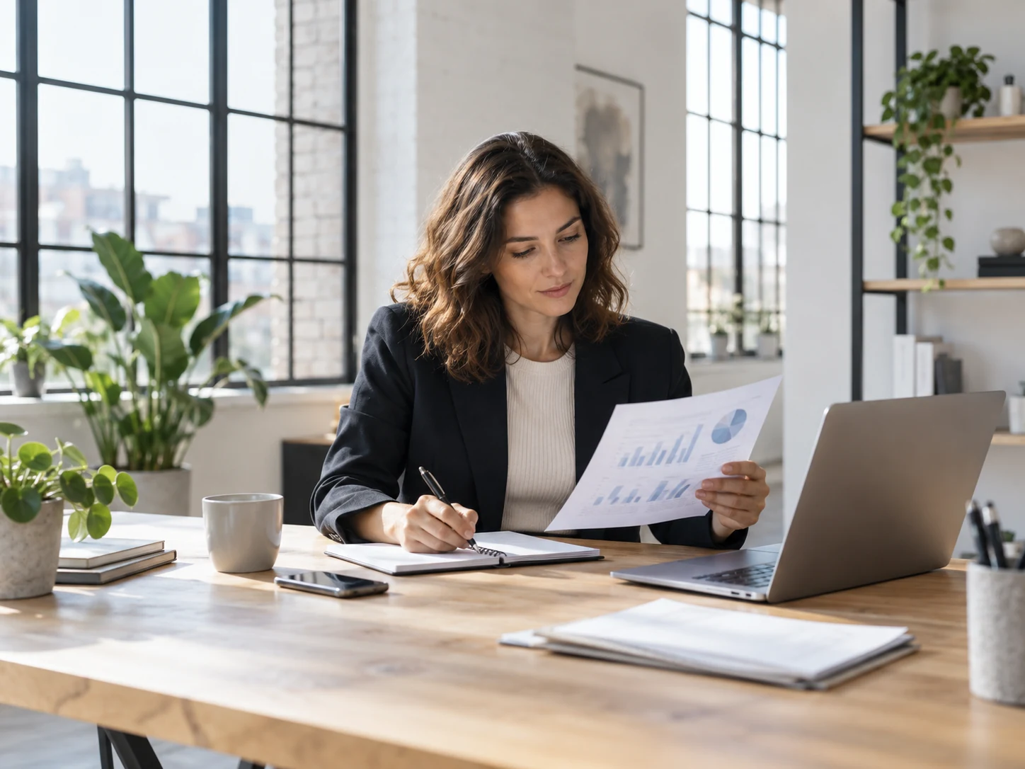 Professionnelle étudiant des documents et graphiques à son bureau