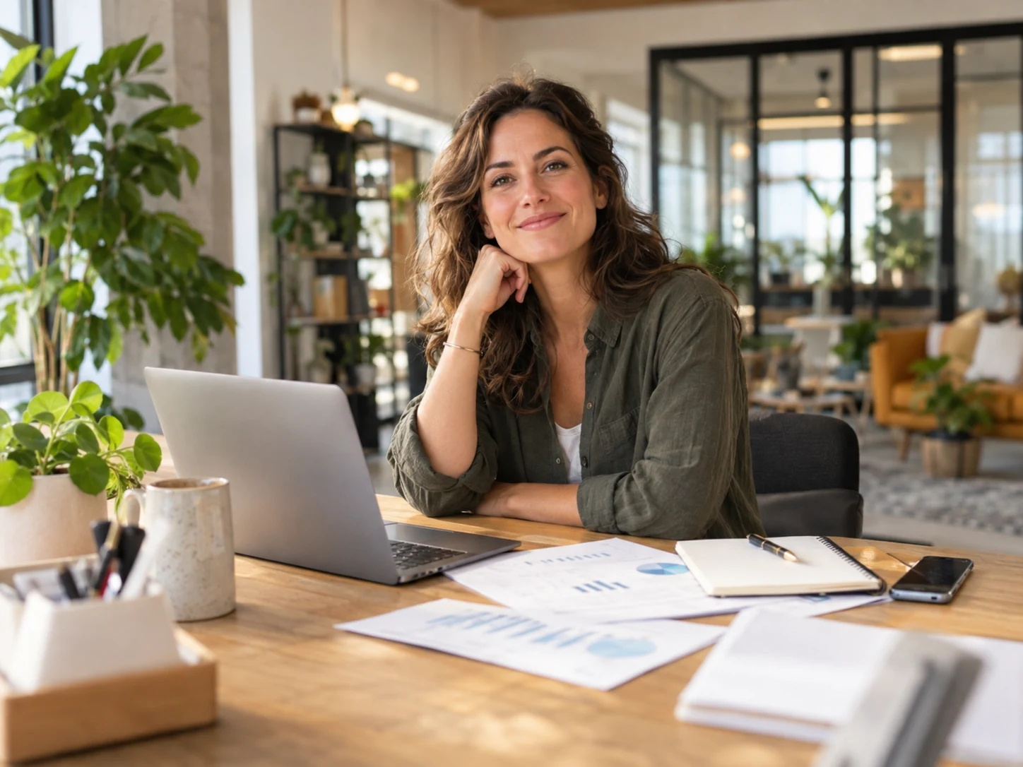 Professionnelle à son bureau avec son ordinateur et ses documents