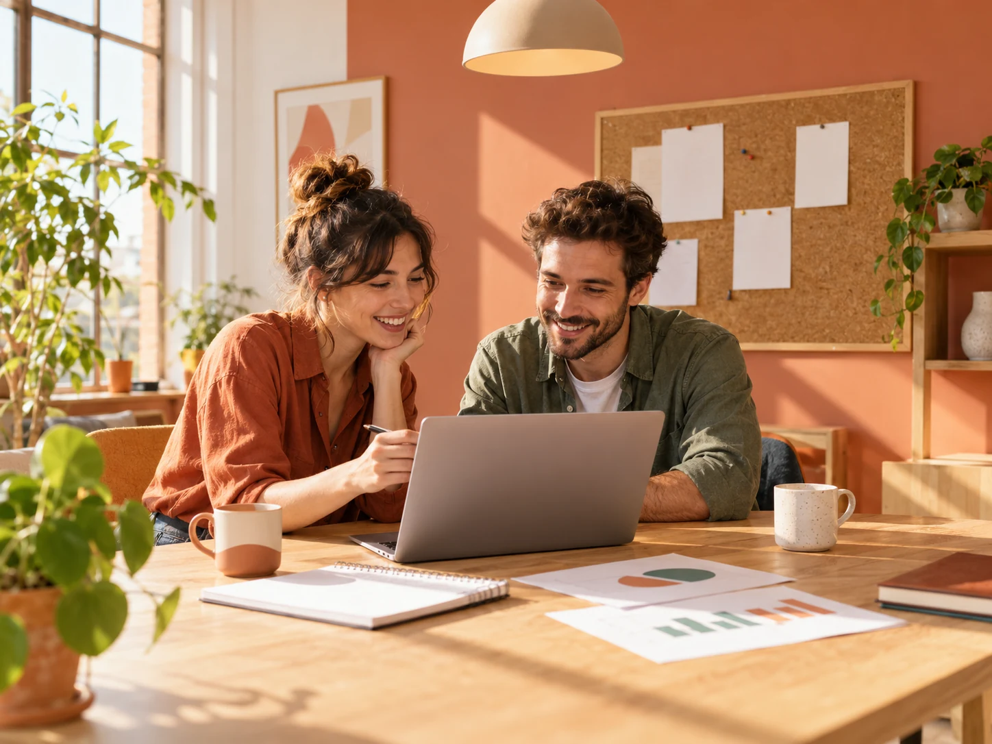 Deux entrepreneurs travaillant ensemble devant un ordinateur