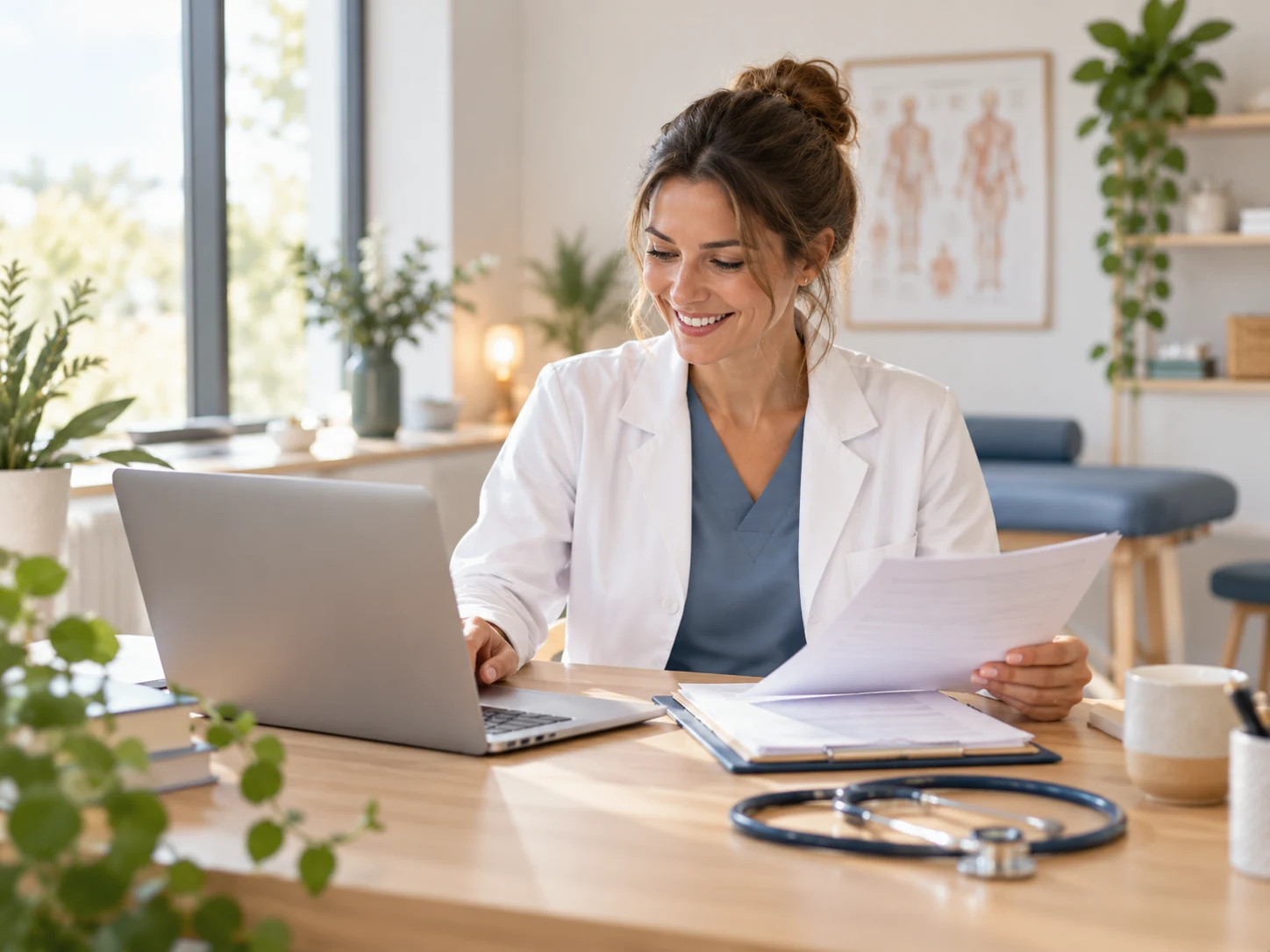 Professionnelle de santé consultant ses documents au cabinet