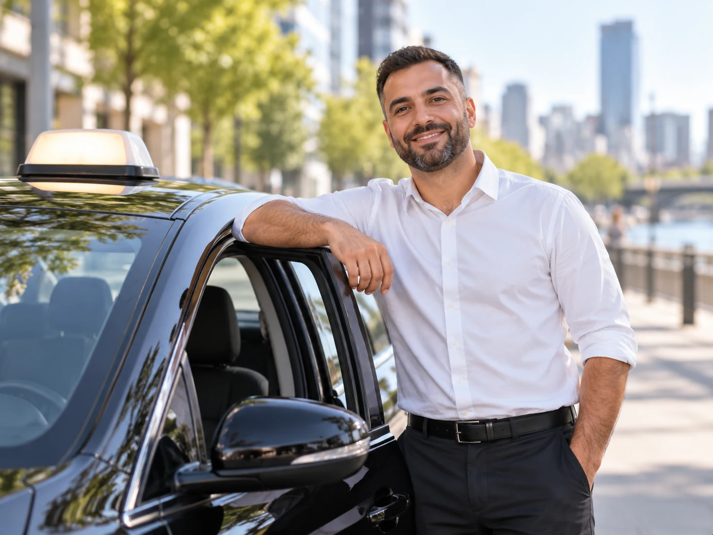 Chauffeur de taxi à côté de son véhicule